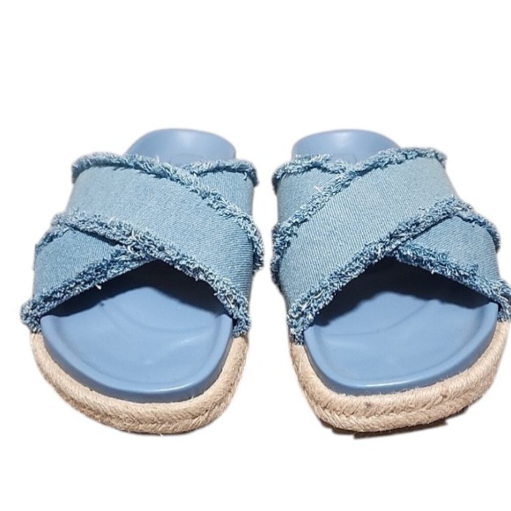 SHU SHOP Denim Blue Espadrille Slide Sandals 9 Frayed Criss Cross Straps Boho - Picture 3 of 14